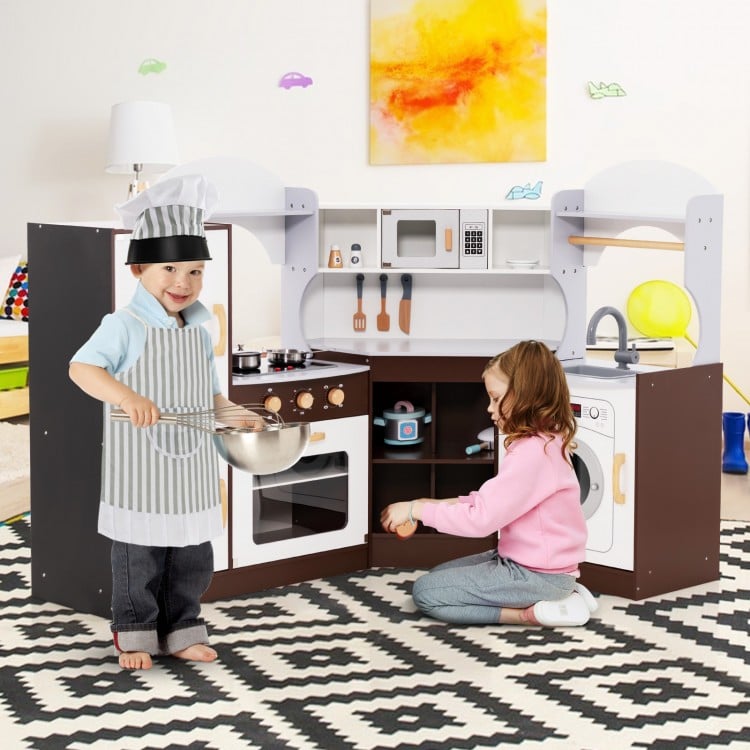 Toddler kitchen playset featuring a microwave, sink, and washing machine, perfect for imaginative play for kids 3+.