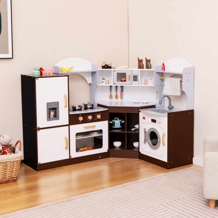 Toddler kitchen playset featuring a microwave, sink, washing machine, and ample storage for kids aged 3+ years.