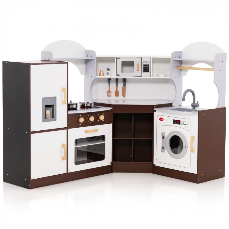 Toddler kitchen playset featuring a microwave, sink, washing machine, and ice maker, perfect for imaginative play.