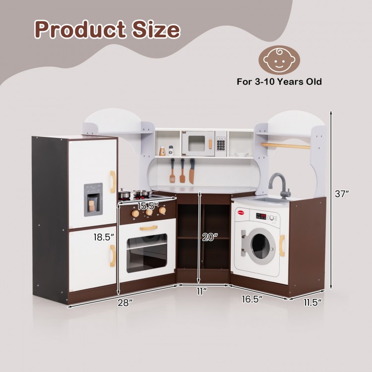 Toddler kitchen playset dimensions with ice maker, microwave, sink, and washing machine for kids aged 3+ years.