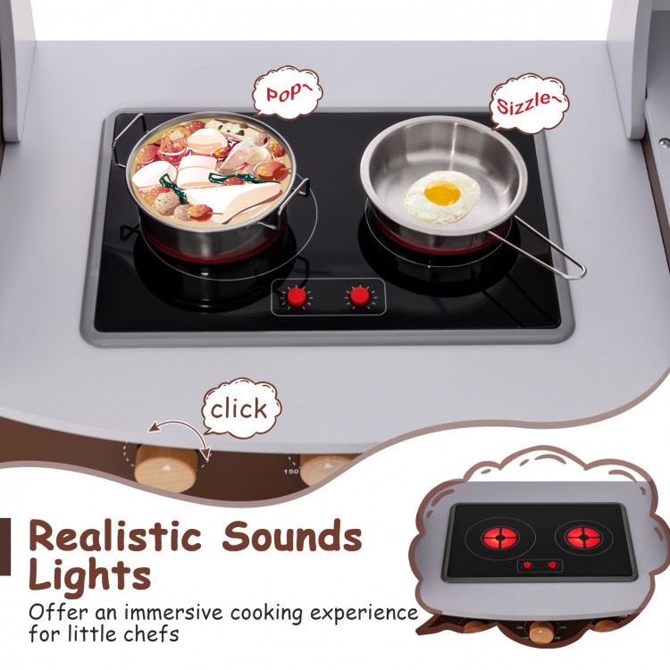 Toddler kitchen playset featuring realistic sounds, lights, and cookware for immersive cooking fun for kids aged 3+.