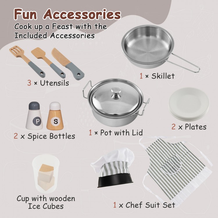 Toddler kitchen playset accessories including a skillet, pot with lid, plates, and utensils for immersive play.