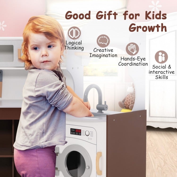 Toddler kitchen playset featuring a washing machine, sink, and microwave, promoting imaginative play for kids aged 3+.