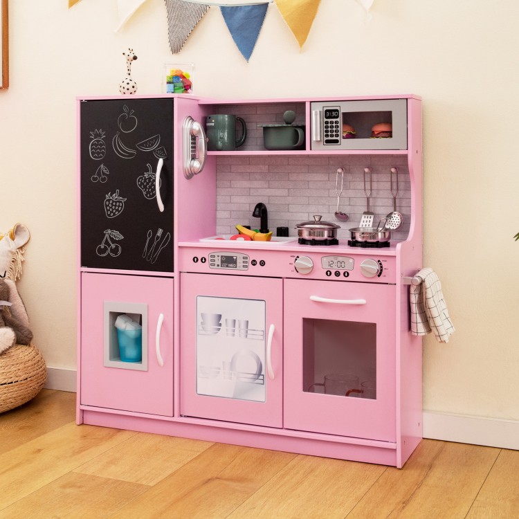 Pink toddler pretend play kitchen with removable sink, stove, and accessories for imaginative play for kids aged 3-6.