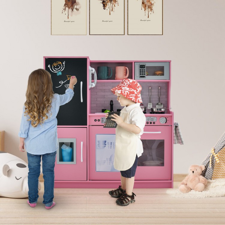 Toddler pretend play kitchen in pink with removable sink, stove, and blackboard, designed for imaginative play for ages.