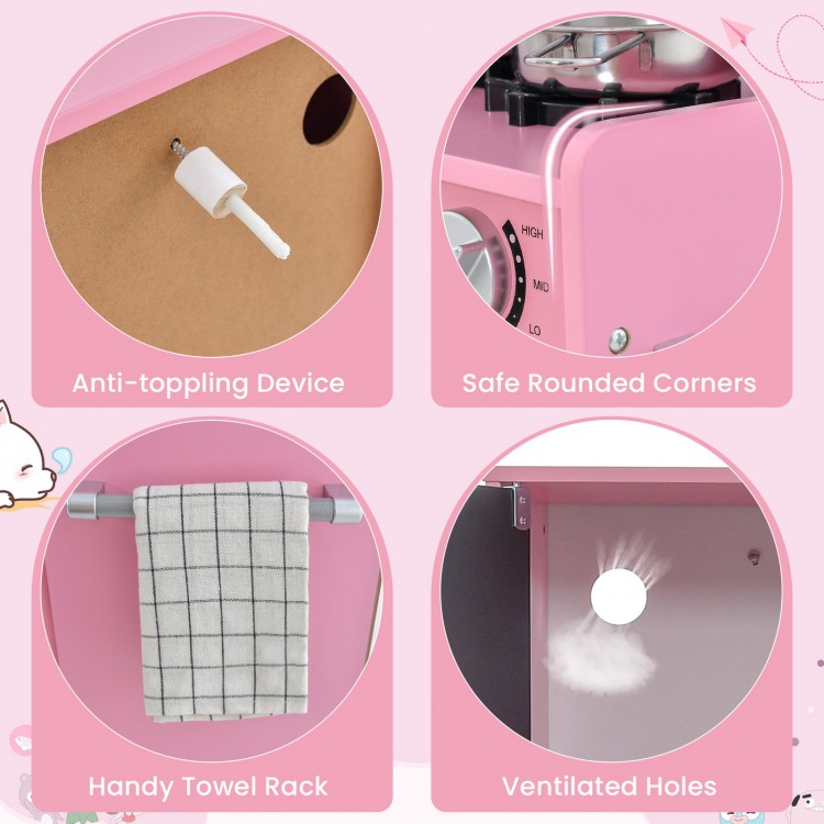 Close-up of the toddler pretend play kitchen's anti-toppling device, towel rack, and safe rounded corners in pink.