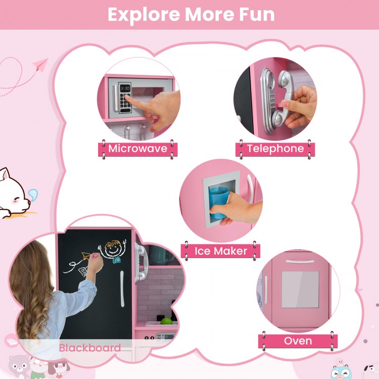 Toddler pretend play kitchen features a pink microwave, oven, and ice maker, promoting imaginative play for ages 3-6.
