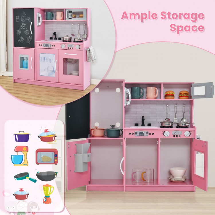 Toddler pretend play kitchen in pink with ample storage, removable sink, and realistic appliances for imaginative play.
