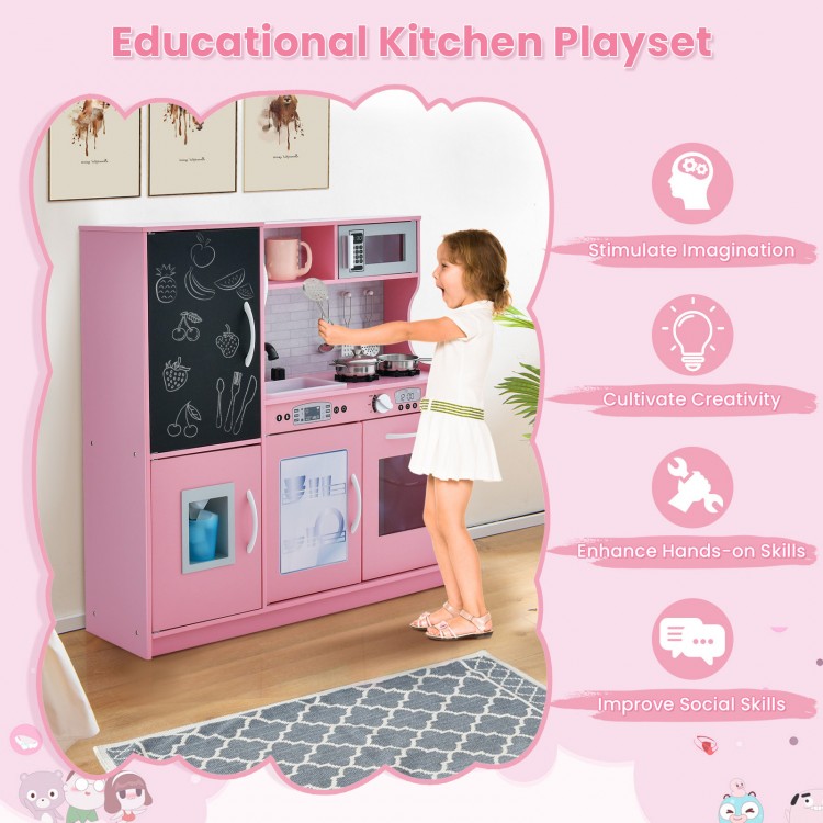 Toddler pretend play kitchen in pink with removable sink, stove, and accessories for imaginative play and skill.