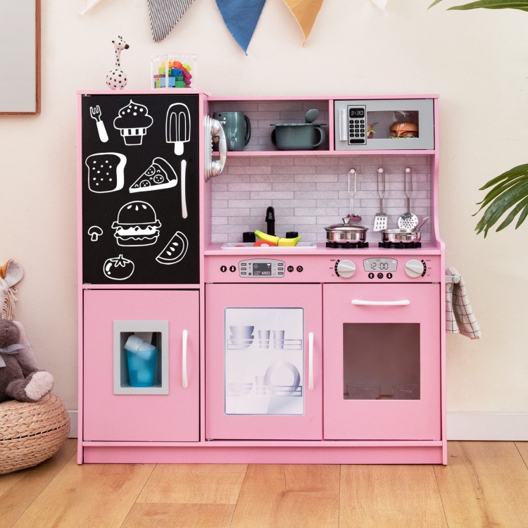 Pink toddler pretend play kitchen featuring a removable sink, stove with cookware, and built-in blackboard for.