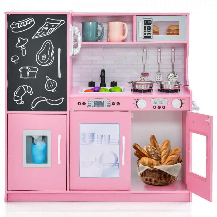 Toddler pretend play kitchen in pink with removable sink, stove, and accessories for imaginative play for ages 3-6.