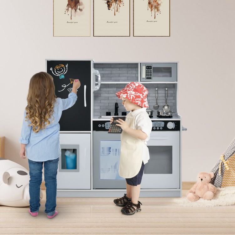 Toddler pretend play kitchen in white with removable sink, blackboard, and realistic appliances for imaginative play.
