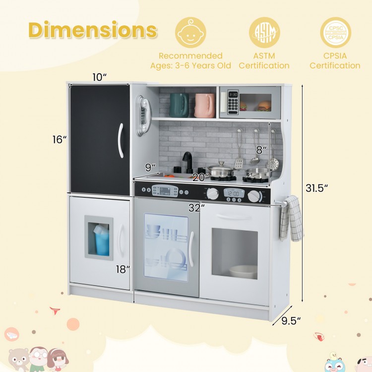 Toddler pretend play kitchen in white with removable sink, stove, and accessories for imaginative play for ages 3-6.