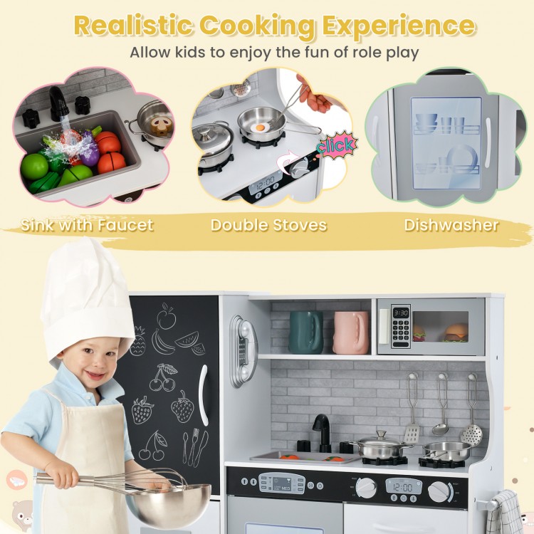 Toddler pretend play kitchen in white with sink, double stoves, and dishwasher for imaginative role play.