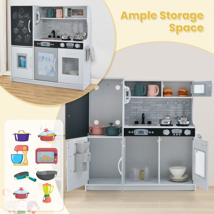 Toddler pretend play kitchen in white with ample storage, removable sink, and realistic appliances for imaginative play.