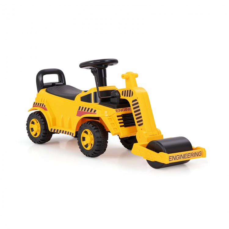 Toddler ride-on car in yellow with adjustable roller, under-seat storage, and stable, puncture-proof wheels for fun.