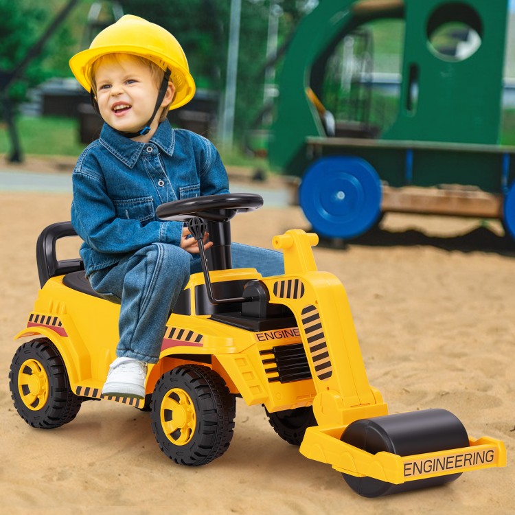 Toddler ride-on car in yellow with adjustable roller, storage under the seat, and easy-to-control steering for outdoor.