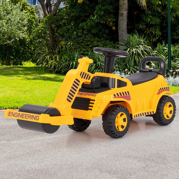Toddler ride-on car in yellow with adjustable roller, under-seat storage, and puncture-proof wheels for outdoor fun.