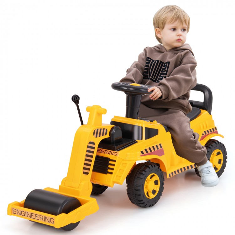 Toddler ride-on car in yellow with adjustable roller, under-seat storage, and comfortable backrest for stable play.
