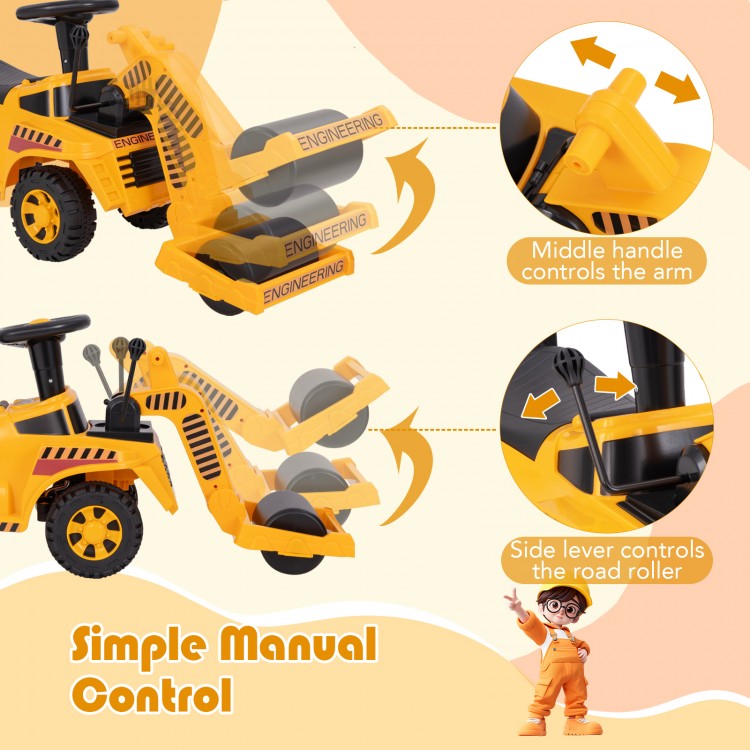 Toddler ride-on car in yellow with adjustable roller, featuring manual controls for arm and road roller operation.
