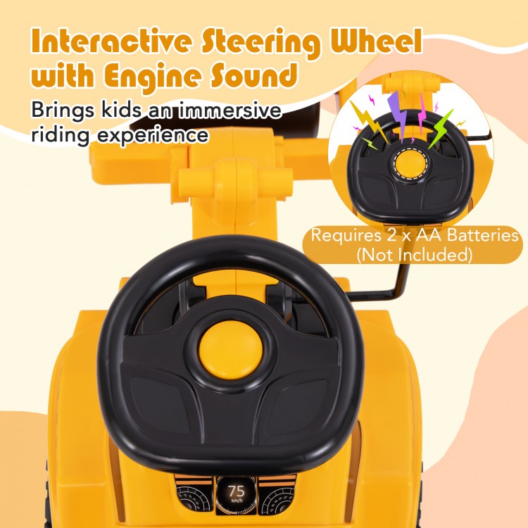 Interactive steering wheel of the yellow toddler ride-on car, featuring engine sound and under-seat storage for toys.