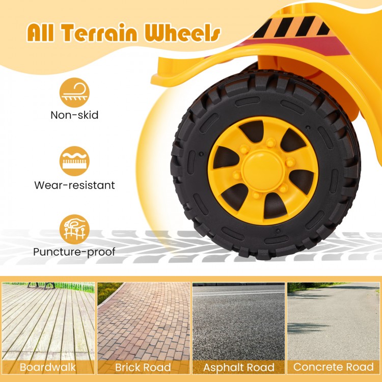 Close-up of the toddler ride-on car's puncture-proof all-terrain wheels, designed for stability on various surfaces.