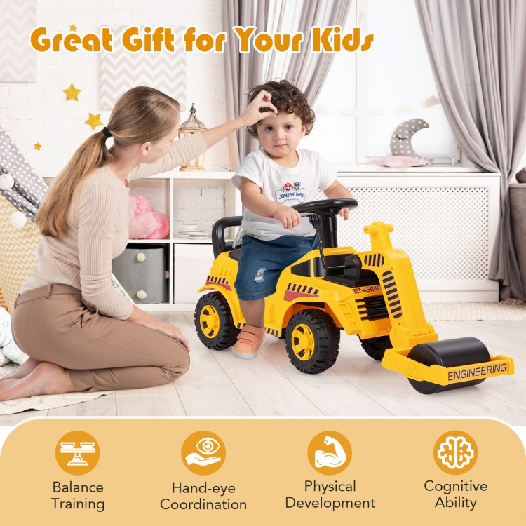 Toddler ride-on car in yellow with adjustable roller, designed for balance training and physical development.