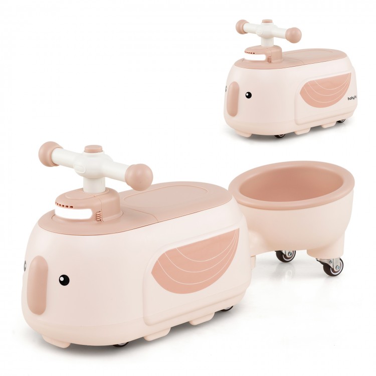 Toddler ride-on toy in beige with trailer, featuring a cute penguin design, built-in music, and storage compartment.