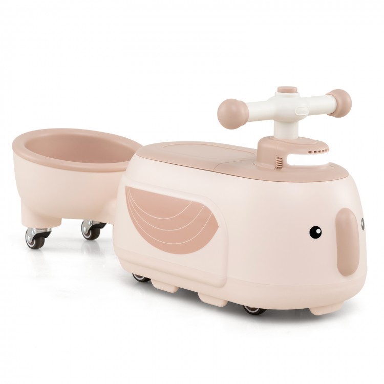 Toddler ride-on toy in beige with trailer, featuring 6 songs, storage compartment, and cute penguin design for fun.