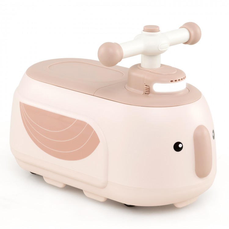 Toddler ride-on toy in beige with cute penguin design, featuring a trailer, music, and under-seat storage for fun play.