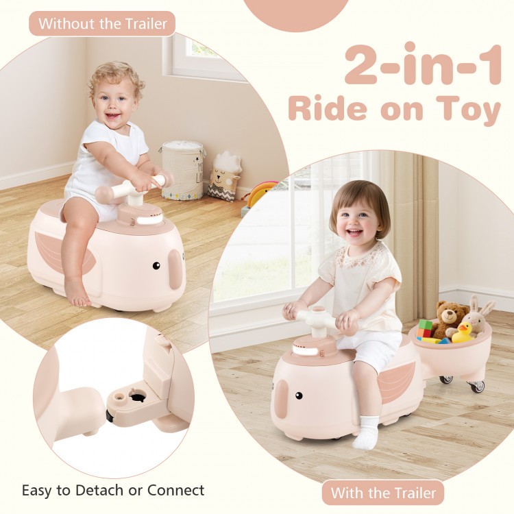 Toddler ride-on toy in beige with detachable trailer, featuring 6 songs, storage compartment, and stable design for fun.