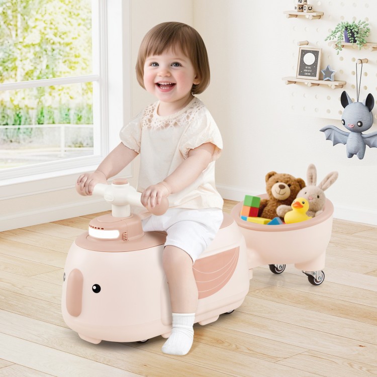 Toddler ride-on toy in beige with a trailer, featuring music, storage, and a cute penguin design for indoor fun.