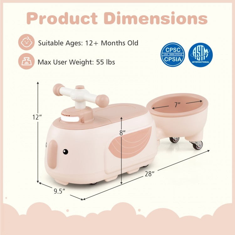 Dimensions of the beige toddler ride-on toy with trailer, featuring a cute penguin design and storage options.
