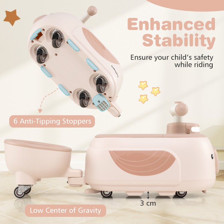 Toddler ride-on toy in beige with trailer, featuring 6 anti-tipping stoppers and low center of gravity for stability.