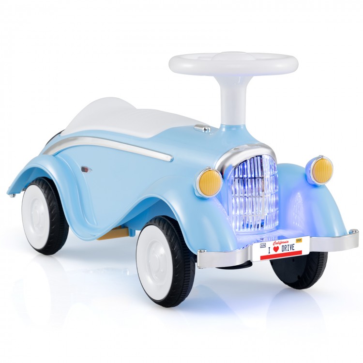 Classic blue toddler ride-on car with horn, LED headlights, and under-seat storage for indoor and outdoor fun.