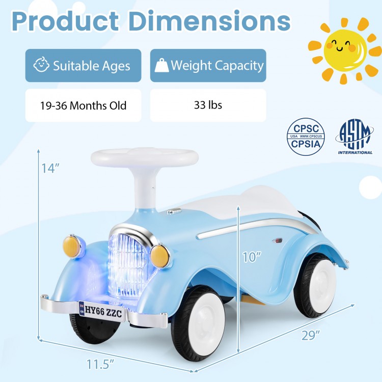 Toddler ride-on toy classic sliding car in blue with LED headlights, suitable for ages 19-36 months, 33 lbs capacity.