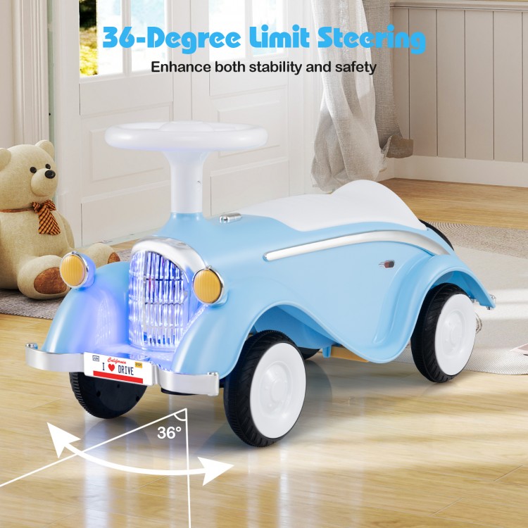 Classic blue toddler ride-on car with LED headlights, 36-degree steering, and under-seat storage for safe indoor and.