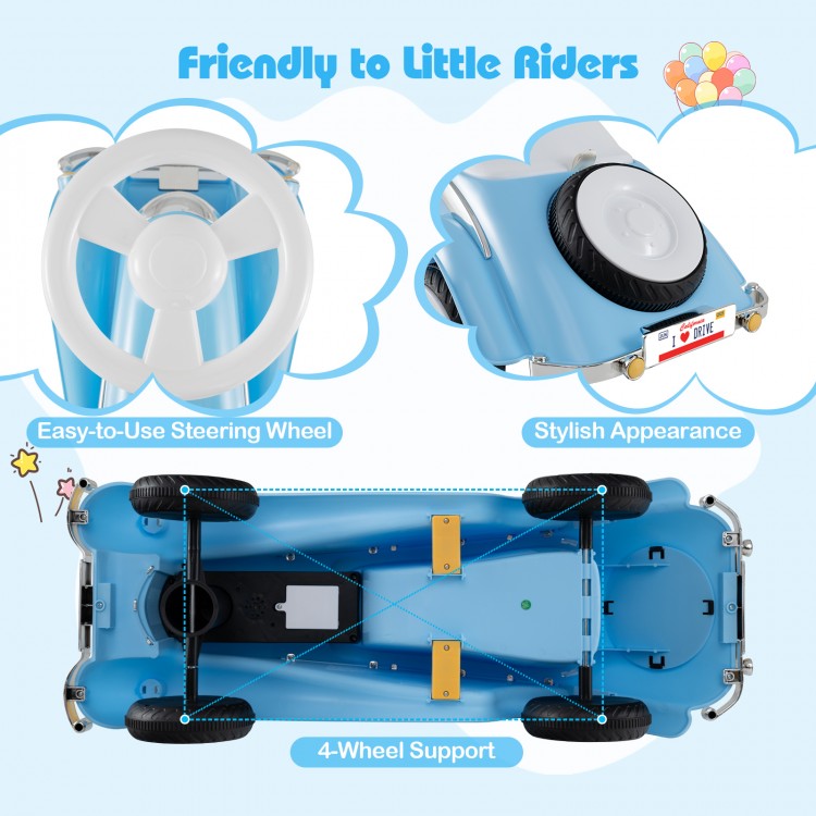 Toddler ride-on toy car in blue with easy-to-use steering wheel, 4-wheel support, and LED headlights for safe fun.