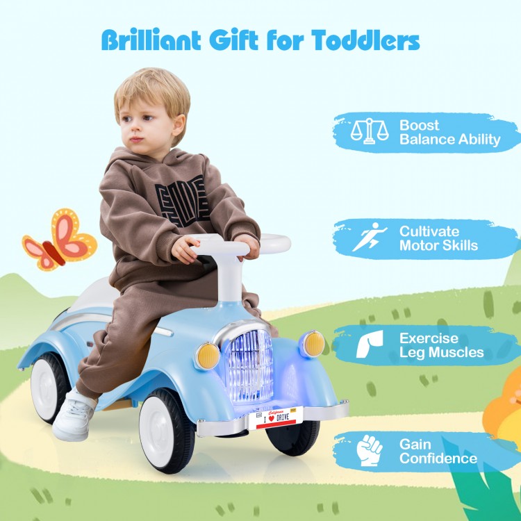 Toddler ride-on toy car in blue with LED headlights, designed for stability and skill development for indoor and.
