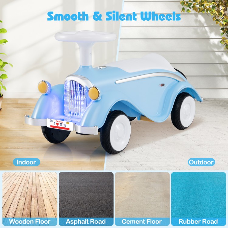 Classic blue toddler ride-on car with LED headlights and horn, designed for indoor and outdoor fun.