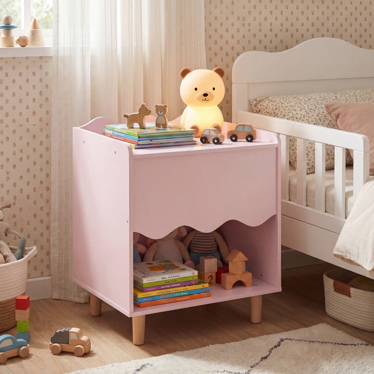 Toddler scalloped side table in pink with open compartment, perfect as a nightstand for kids' bedrooms or nurseries.