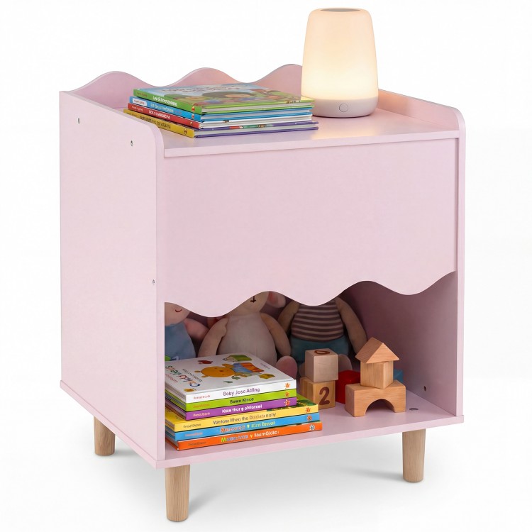 Toddler scalloped side table in pink with open compartment, perfect as a kids nightstand for storage and decoration.