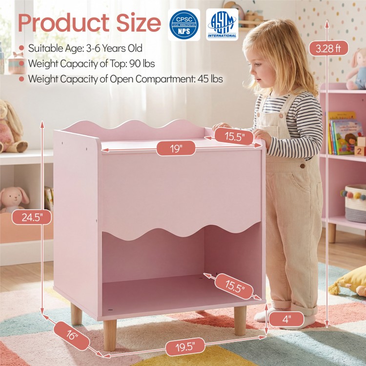 Toddler scalloped side table in pink with open compartment and sturdy rubber wood legs, ideal for kids' rooms.