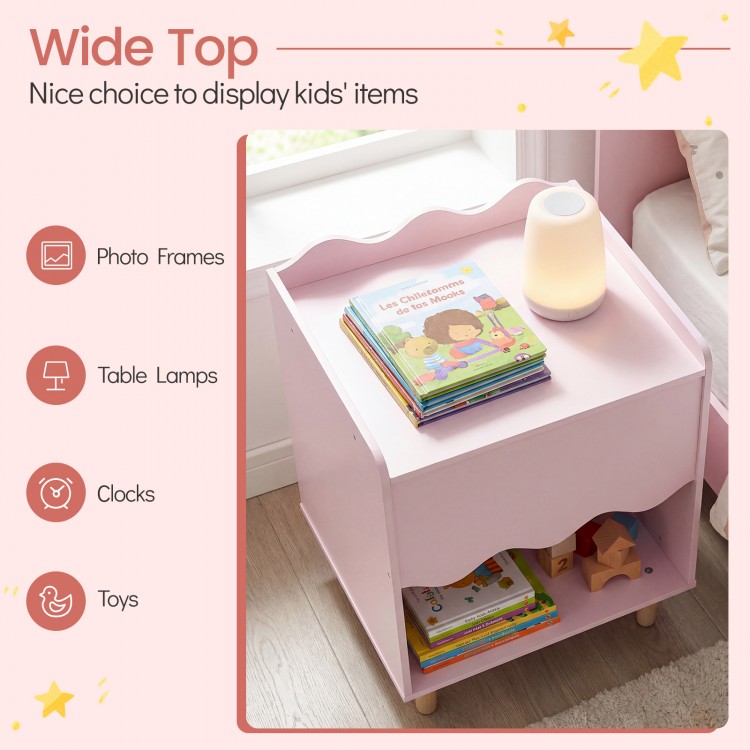 Toddler scalloped side table in pink with wide top and open compartment, ideal for kids' nightstand or storage.