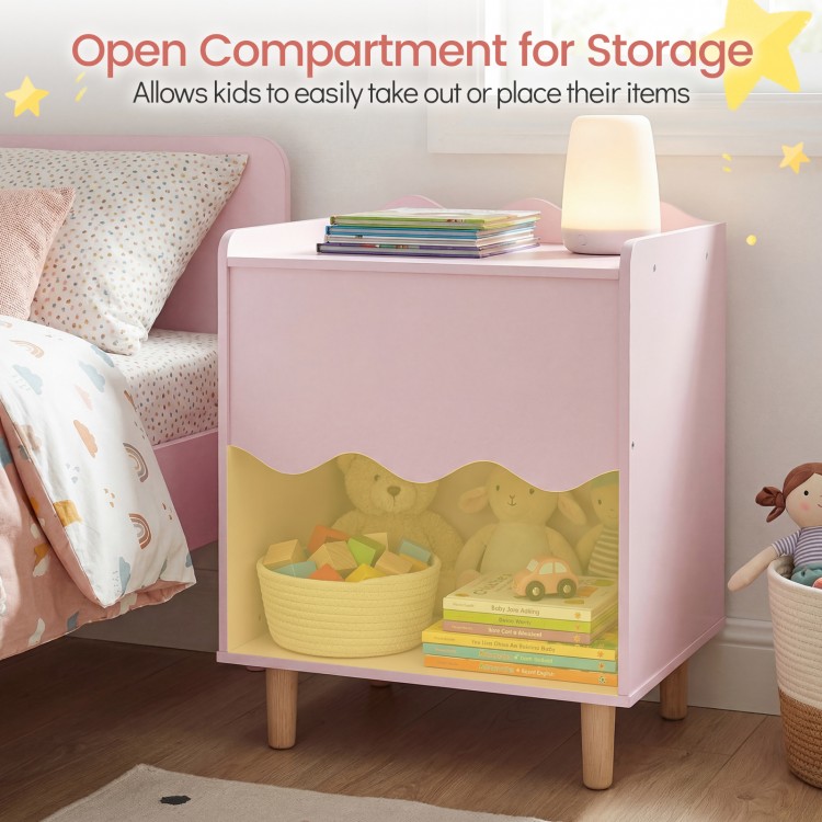 Toddler scalloped side table in pink with open storage compartment, perfect for kids' nightstand or playroom.