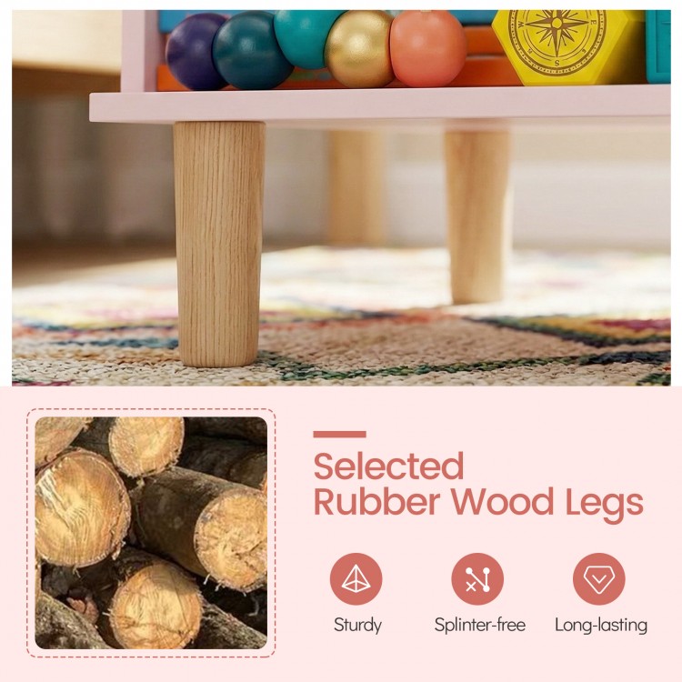Close-up of the sturdy rubber wood legs of the pink toddler scalloped side table, designed for kids' safety and charm.