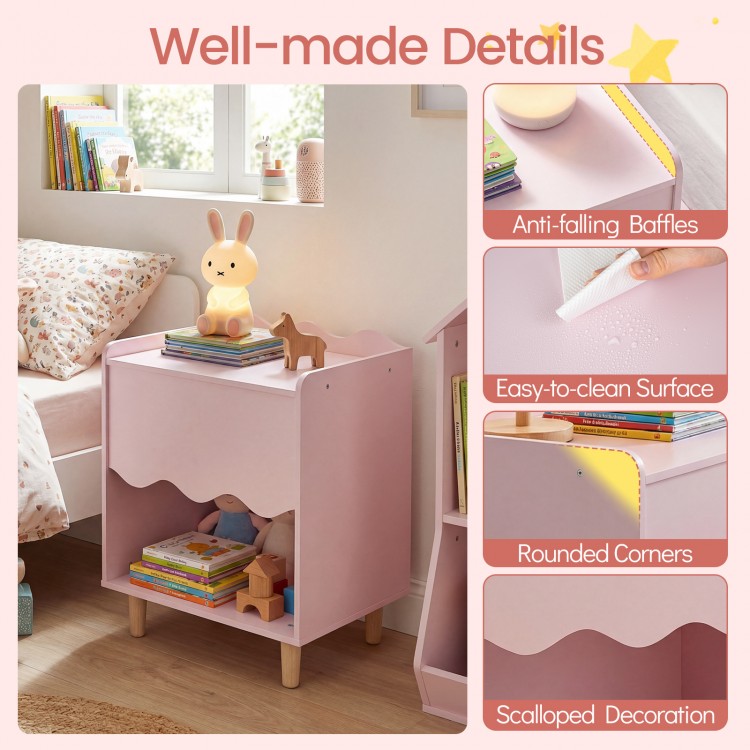 Toddler scalloped side table in pink with open compartment, anti-falling baffles, and easy-to-clean surface for kids'.