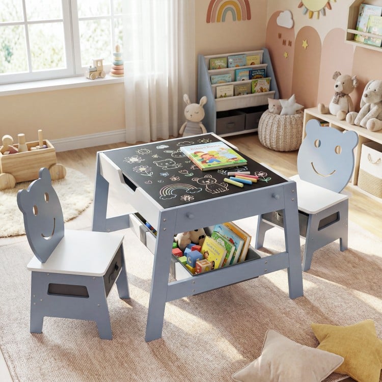 Toddler Table and 2 Chairs 5-in-1 Cute Art Desk Set with Reversible Chalkboard Whiteboard - Gallery View 2 of 9