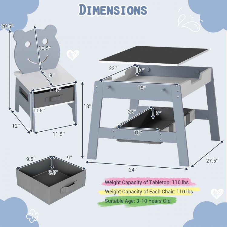 Toddler Table and 2 Chairs 5-in-1 Cute Art Desk Set with Reversible Chalkboard Whiteboard - Gallery View 4 of 9