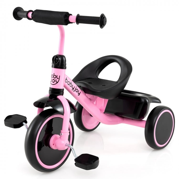 Pink toddler tricycle with comfortable handlebars and anti-slip foot pedals, designed for children aged 3-5 years.